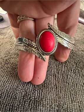 feathers Silver Feather Cuff Bracelet with Red Oval Stone